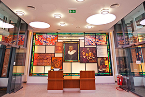 Stain glass donor wall in the William Harvey Heart Centre.